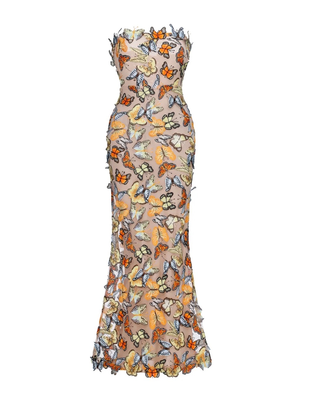 Strapless Butterfly Embroidered Beige Evening Gown